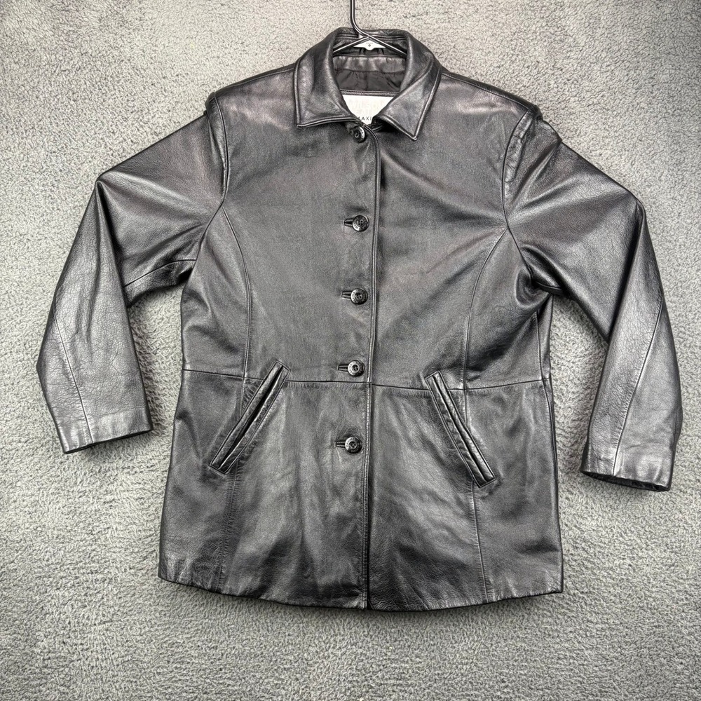 Wilsons Leather Maxima Black Leather Jacket Womens Size L‎ Button Front